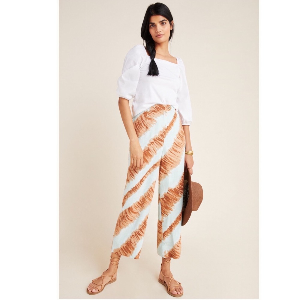 Moon River NWT Wide Leg Pants L Blue Brown Abstract Print Resort Coastal $98